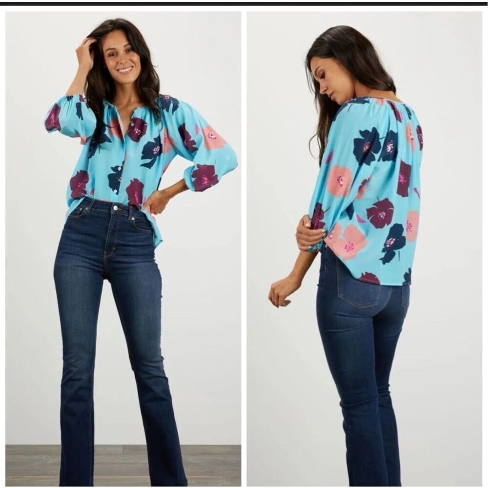 Tucker NYC 100% Silk the classic light blue poppies blouse XS